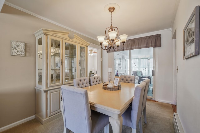 dining room featuring a notable chandelier, light colored carpet, crown molding, and a baseboard heating unit