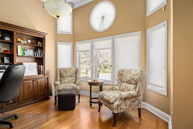 home office featuring a high ceiling, baseboards, and wood finished floors