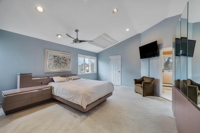 bedroom with a baseboard heating unit, recessed lighting, light colored carpet, ceiling fan, and vaulted ceiling