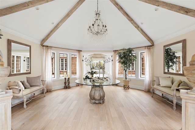 interior space featuring beamed ceiling, baseboards, and light wood-style floors