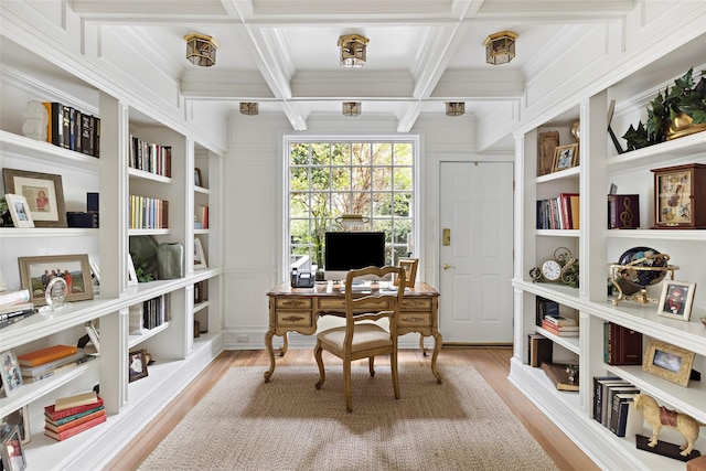 office featuring built in shelves, beam ceiling, light wood finished floors, and coffered ceiling