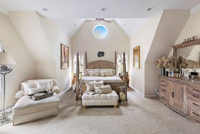 bedroom featuring light colored carpet, a ceiling fan, baseboards, and vaulted ceiling