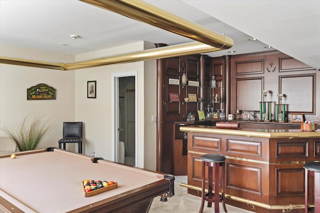 game room featuring carpet flooring, a dry bar, and billiards