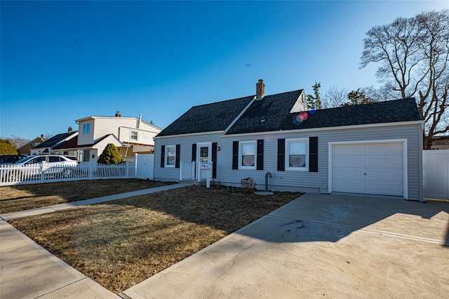 view of front facade featuring a garage, a chimney, driveway, and fence