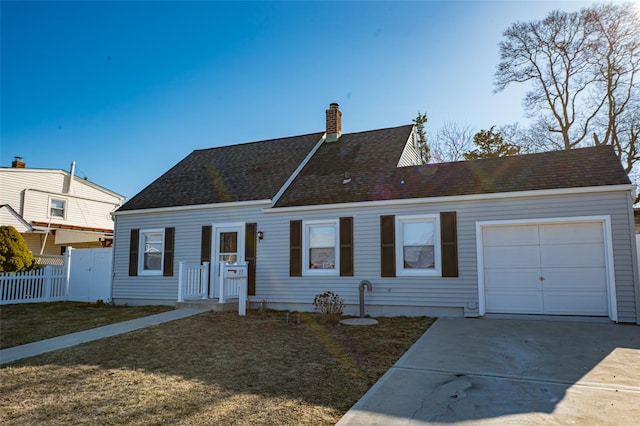 view of front of house with driveway, fence, an attached garage, a shingled roof, and a chimney