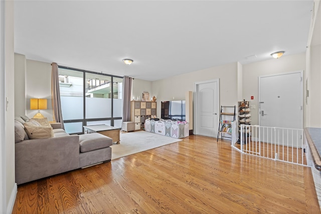 living area featuring expansive windows and wood finished floors