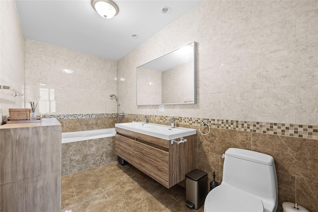 bathroom featuring vanity, a tile shower, a relaxing tiled tub, tile walls, and toilet