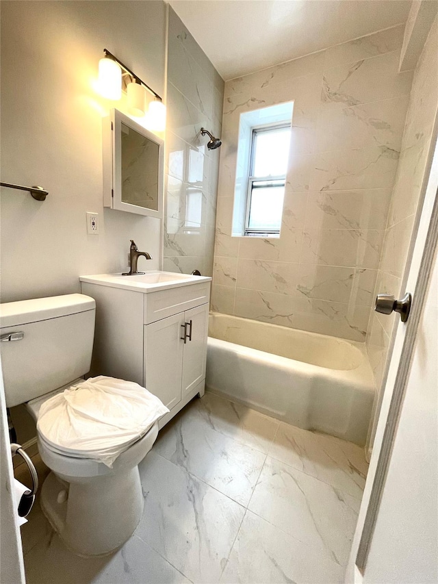 bathroom with vanity,  shower combination, toilet, and marble finish floor