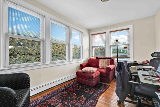 office featuring light wood-style floors and baseboard heating