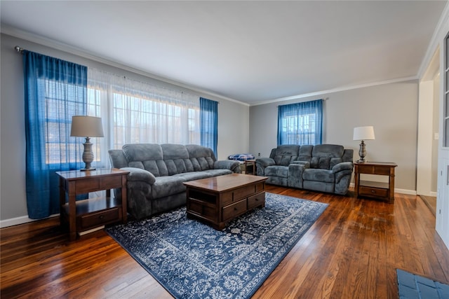 living room featuring baseboards, dark wood-type flooring, and ornamental molding