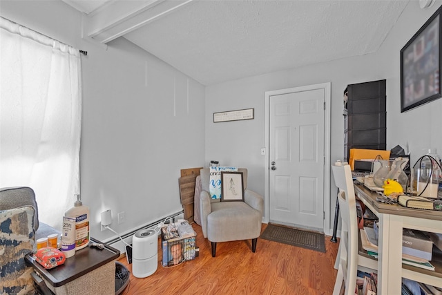 living area featuring a baseboard radiator, lofted ceiling, and wood finished floors