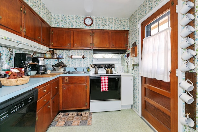 kitchen featuring range with electric cooktop, wallpapered walls, light floors, dishwasher, and a sink