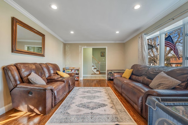 living room featuring recessed lighting, crown molding, stairs, and wood finished floors