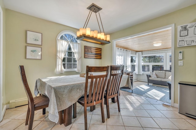 dining room with tile patterned flooring, a notable chandelier, a healthy amount of sunlight, and baseboard heating