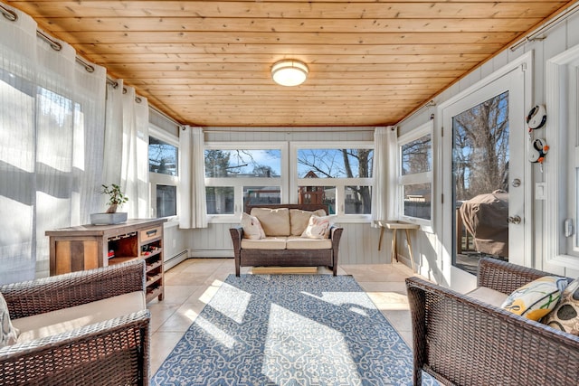 sunroom / solarium featuring wood ceiling