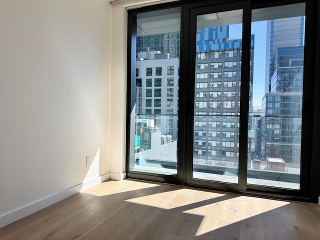 entryway featuring plenty of natural light, a view of city, and hardwood / wood-style flooring