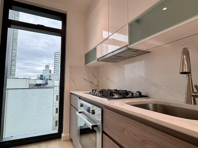 kitchen with backsplash, light stone counters, plenty of natural light, stainless steel appliances, and a sink