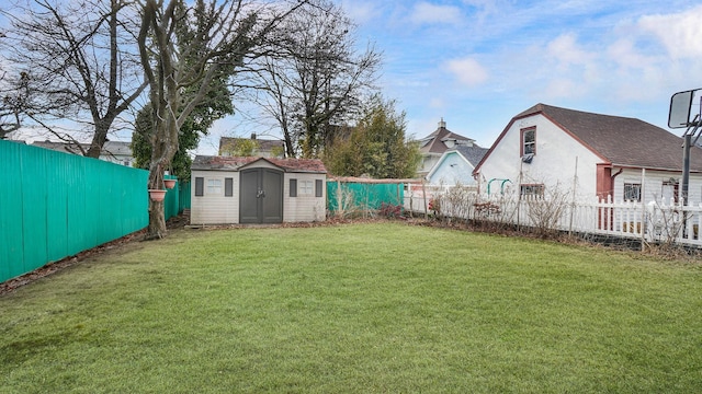 view of yard featuring an outdoor structure, a storage unit, and a fenced backyard