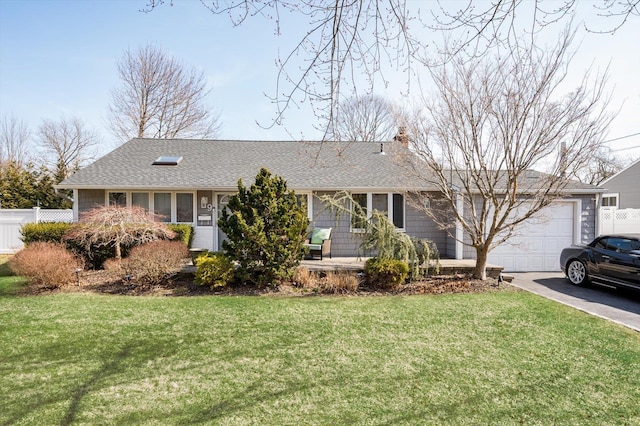 ranch-style home with a front lawn, fence, a chimney, driveway, and an attached garage