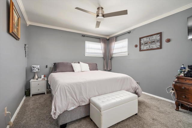 bedroom with baseboards, ceiling fan, carpet flooring, and crown molding