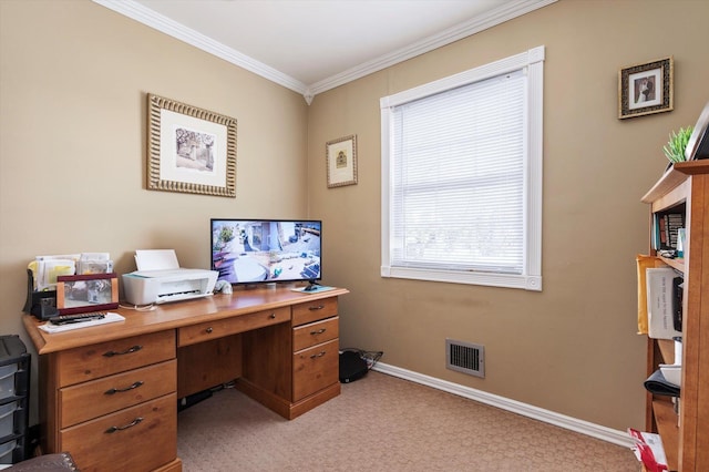 office space featuring visible vents, light carpet, baseboards, and ornamental molding