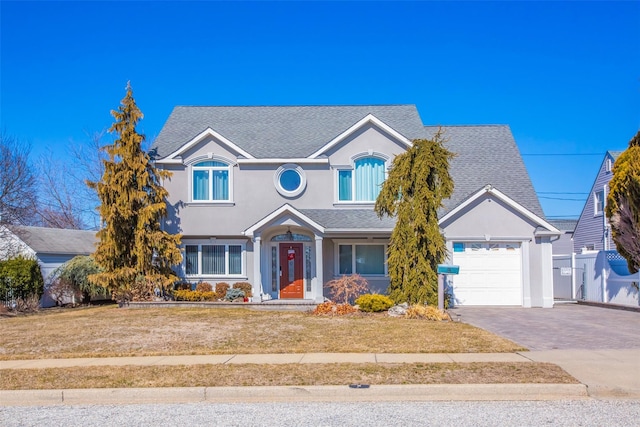 traditional-style home with a front yard, roof with shingles, an attached garage, stucco siding, and decorative driveway