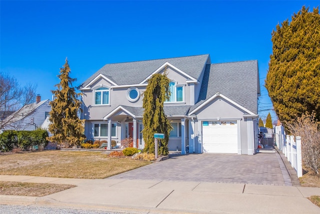 traditional-style home featuring a front yard, fence, roof with shingles, an attached garage, and decorative driveway