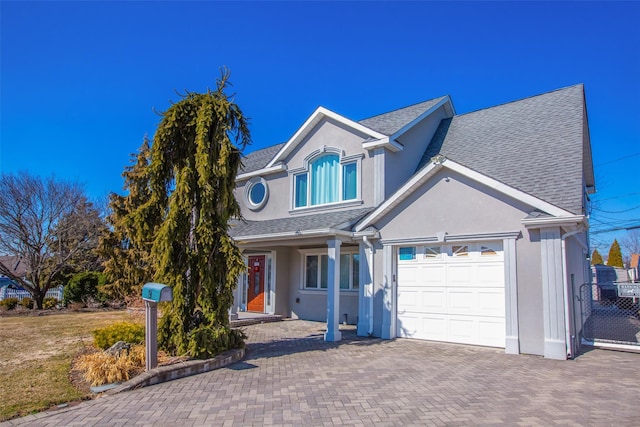 traditional-style home with stucco siding, decorative driveway, a garage, and roof with shingles