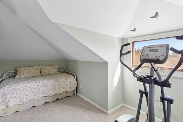 bedroom featuring baseboards, carpet, and vaulted ceiling