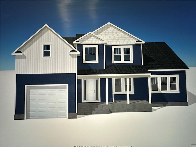 view of front facade featuring an attached garage and a shingled roof