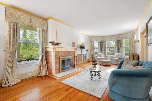 living area featuring wood-type flooring, a premium fireplace, ornamental molding, and radiator heating unit