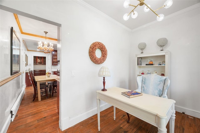 office area featuring crown molding, wood finished floors, baseboards, a baseboard heating unit, and a notable chandelier