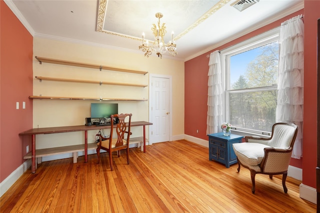 interior space featuring baseboards, ornamental molding, light wood-type flooring, and visible vents