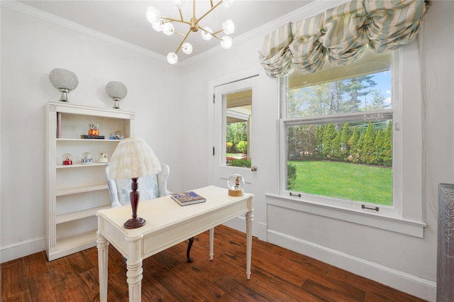 66 Drake Rd, Scarsdale, NY 10583 - home office featuring a chandelier, crown molding, baseboards, wood finished floors, and healthy amount of natural light