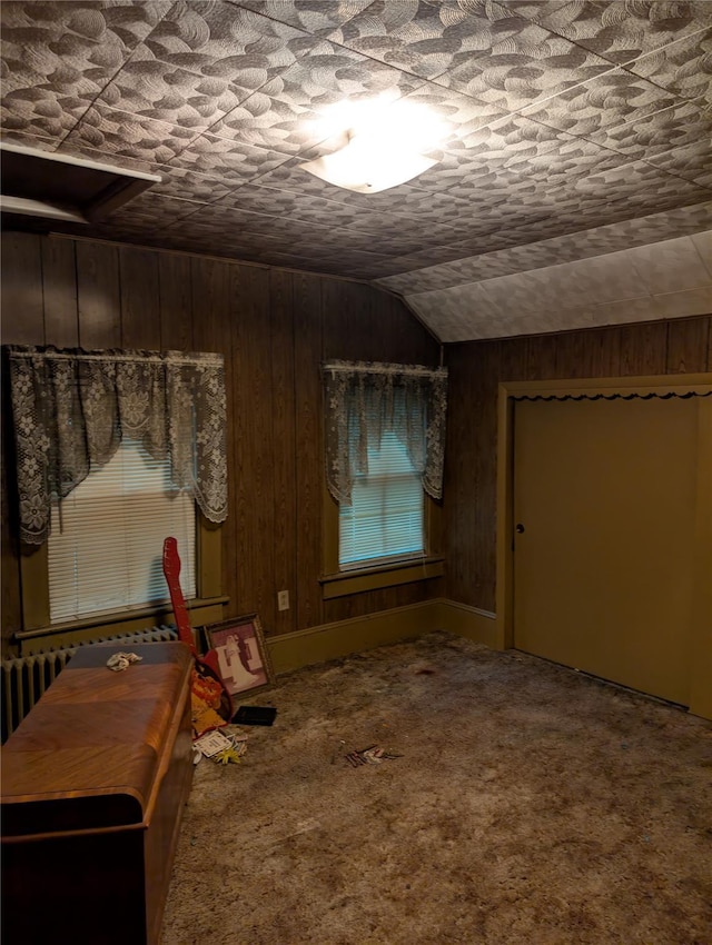 45 Clancy Ave, New Windsor, NY 12553 - unfurnished bedroom featuring carpet floors, wood walls, and vaulted ceiling