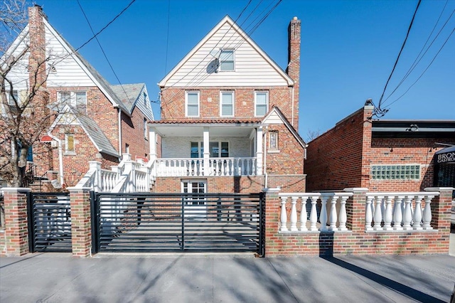 view of front of home with a gate, brick siding, covered porch, and a fenced front yard