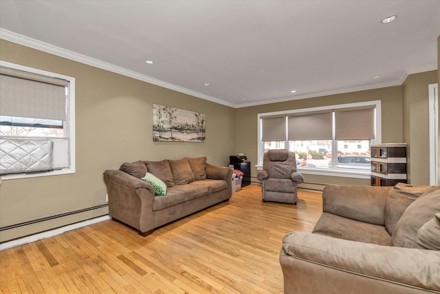 living room with light wood-style flooring, recessed lighting, baseboard heating, and ornamental molding