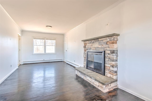 unfurnished living room with dark wood finished floors, a fireplace, crown molding, and a baseboard radiator