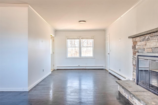 unfurnished living room featuring a baseboard heating unit, dark wood-type flooring, a fireplace, and a baseboard radiator