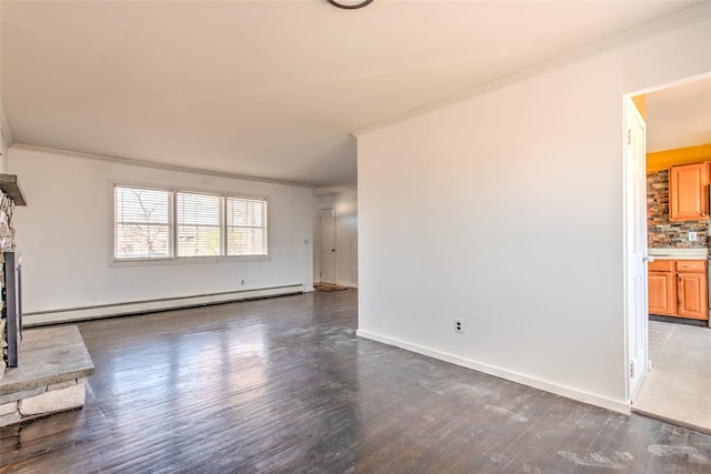 unfurnished living room with baseboards, wood finished floors, baseboard heating, and ornamental molding