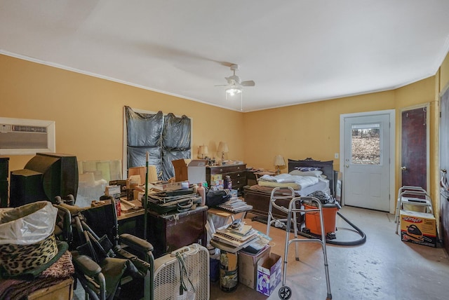 interior space featuring a wall mounted AC and ceiling fan