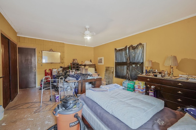 bedroom with crown molding, a ceiling fan, and concrete floors