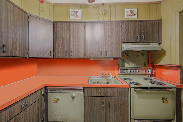 kitchen featuring white range with electric cooktop, a sink, light countertops, under cabinet range hood, and dishwasher