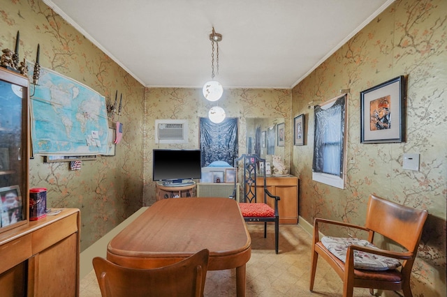 interior space featuring wallpapered walls, light floors, a wall mounted AC, and ornamental molding