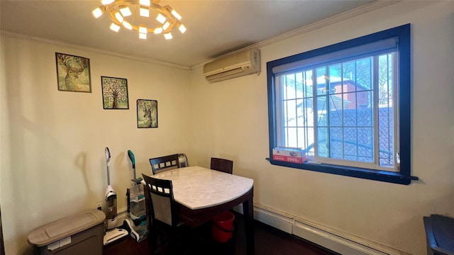 dining room featuring a wall unit AC, crown molding, a chandelier, and a baseboard radiator