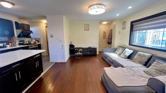 living area with dark wood finished floors, crown molding, and baseboards