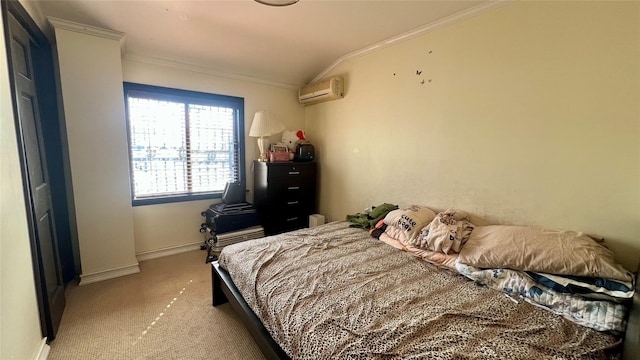 bedroom with light carpet, a wall mounted air conditioner, baseboards, and ornamental molding