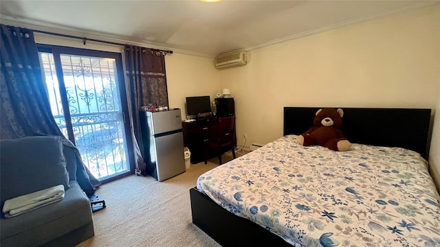 carpeted bedroom with a wall unit AC, access to outside, ornamental molding, and freestanding refrigerator