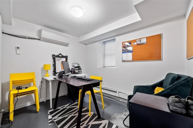 home office featuring concrete flooring and a wall mounted air conditioner