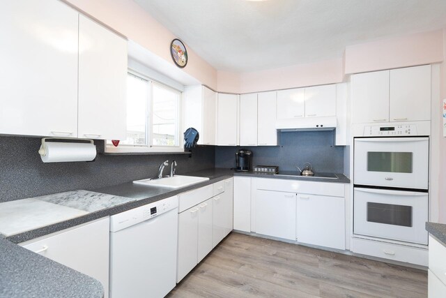 4 Park Pl, Oyster Bay, NY 11771 - kitchen featuring a sink, under cabinet range hood, tasteful backsplash, white appliances, and light wood finished floors